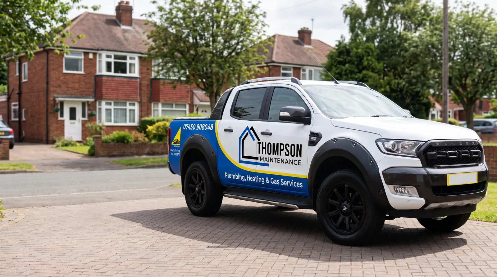 Branded Thompson Maintenance van parked outside a home in Birmingham